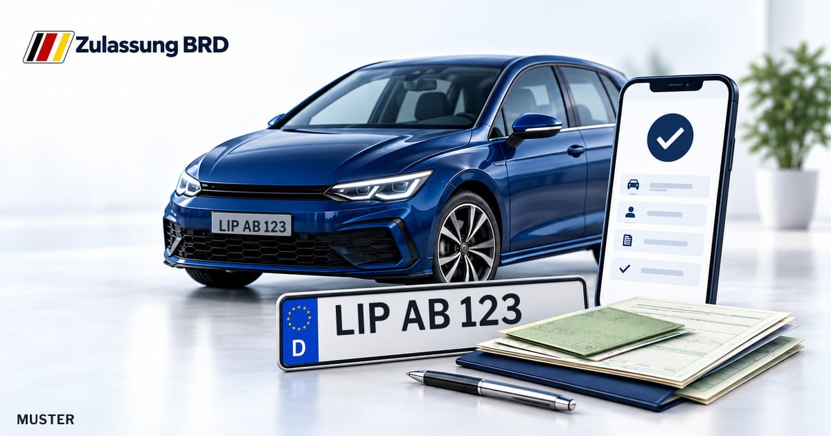 Online Fahrzeugzulassung in Lemgo: Musterkennzeichen LIP AB 123, Auto und Fahrzeugpapiere und Smartphone. Illustration mit Logo von Zulassung BRD.